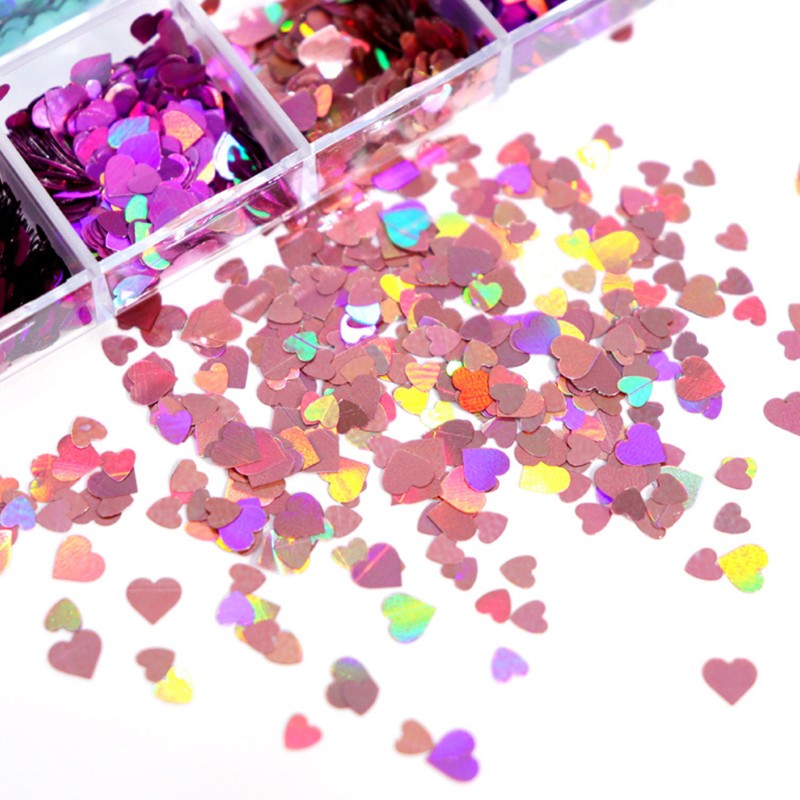 KING 12 Grids/Box Holographic Glitter Love Heart Shape Epoxy Resin Filling Sequins