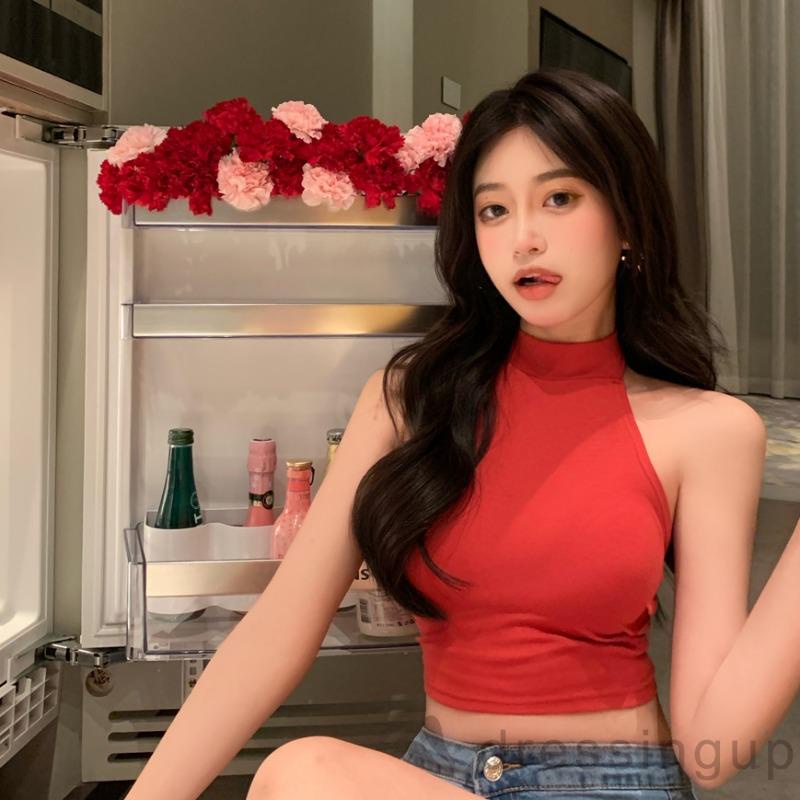 Áo Croptop Không Tay Màu Trơn Dáng Ôm Cột Nơ Sau Lưng Cho Nữ