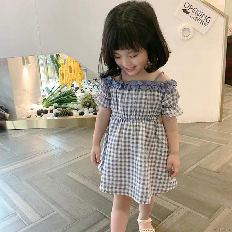 Đầm Hai Dây Trễ Vai Họa Tiết Sọc Caro Phong Cách Phương Tây Cho Bé Gái