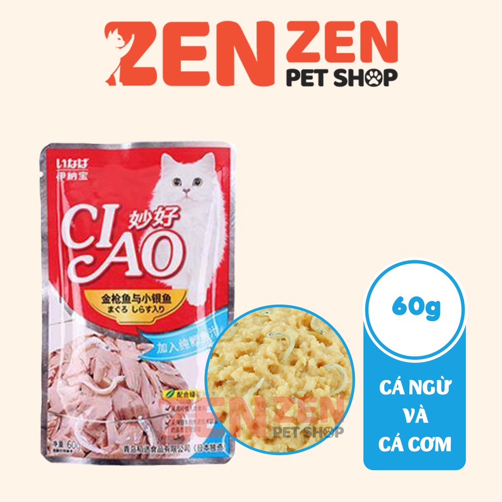 Pate Ciao 60g cho mèo nhiều vị Cua, Sò, Gà, Cá Hồi, Cá Cơm