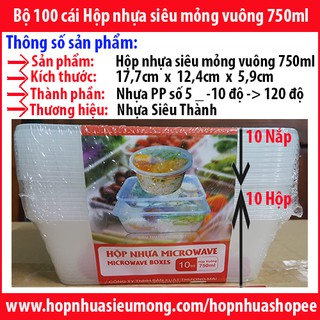 Set 100 cái hộp + nắp hộp microwave vuông 750ml đựng Thực Phẩm / Thức Ăn / Kim Chi / Chân Gà