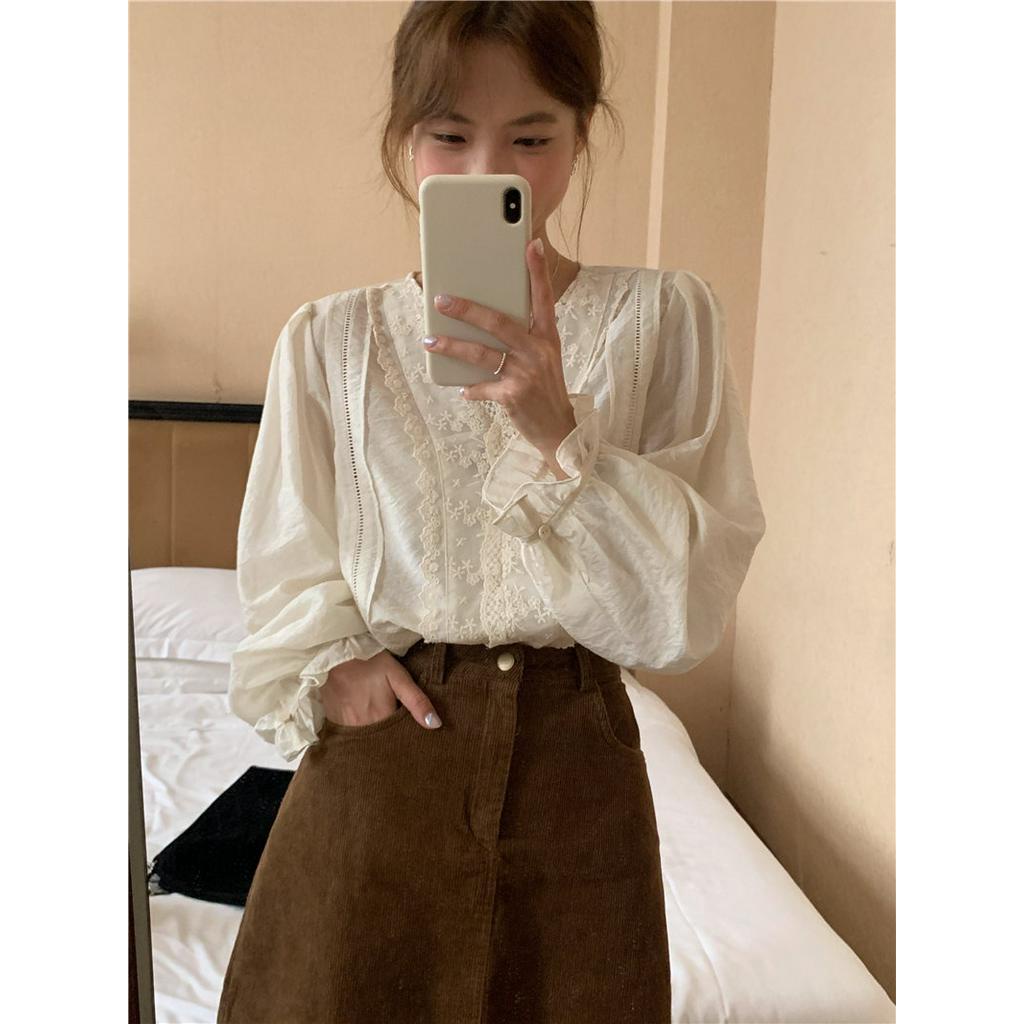 Áo Sơ Mi Dài Tay Vải Tencel Phối Ren Hoa Tinh Tế 57448