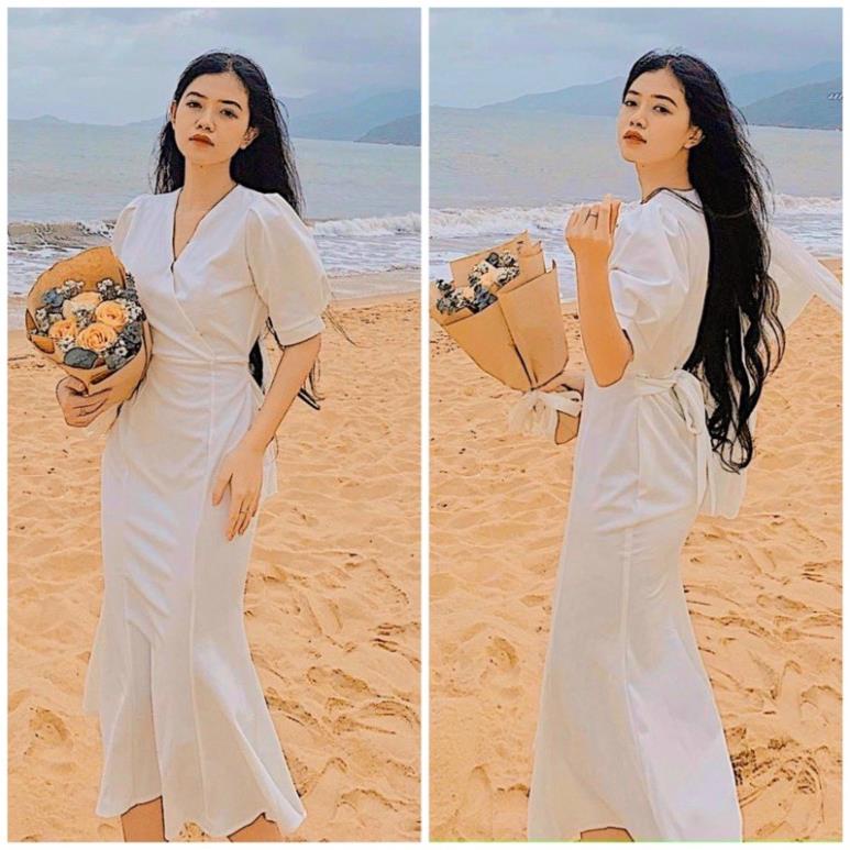 X2 Đầm maxi trắng đuôi cá form dài cổ v tay phồng lỡ váy ôm body dự tiệc tôn dáng (kèm hình thật)