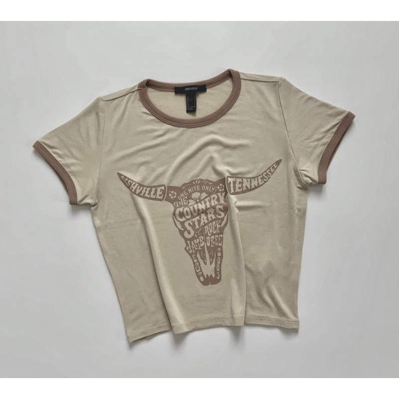 Áo croptop thun cotton kem in đầu trâu