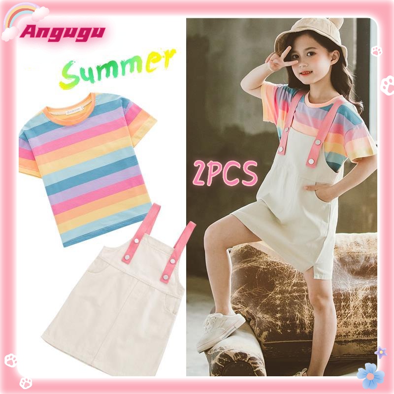 Set Đồ Mùa Hè 2 Món Gồm Áo Thun Tay Cộc + Đầm Trơn Dễ Thương Cho Bé Gái 3-12 Tuổi