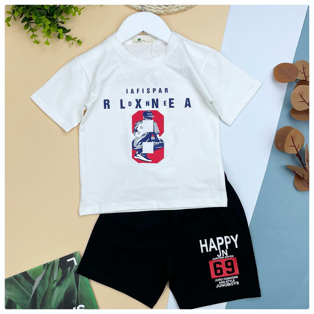 bộ thu cộc tay, quần đùi bé trai in hình số 8 size 9-14T, cho bạn 25-42kg. Chất cotton 4 chiều đanh chất, lên form chuẩn