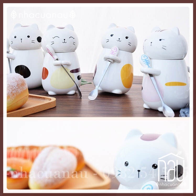 Cốc sứ tạo hình mèo siêu dễ thương 300ml phù hợp làm quà tặng, văn phòng, cốc cho cặp đôi có 4 mẫu kèm thìa cá đáng yêu,
