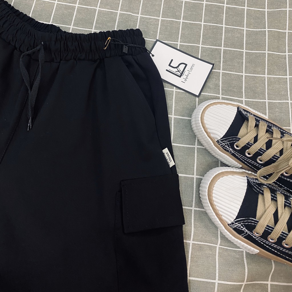 Quần short nam nữ Lylyshop chất umi cotton mịn lì kiểu quần đùi ống rộng unisex phối túi phong cách cá tính có size M,L