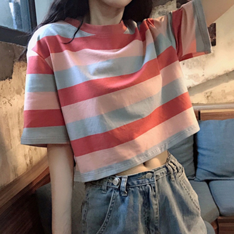 Áo Thun Crop Top Tay Ngắn Cổ Tròn Họa Tiết Sọc Cầu Vồng Nhiều Màu Sắc Phong Cách Harajuku Dành Cho Nữ