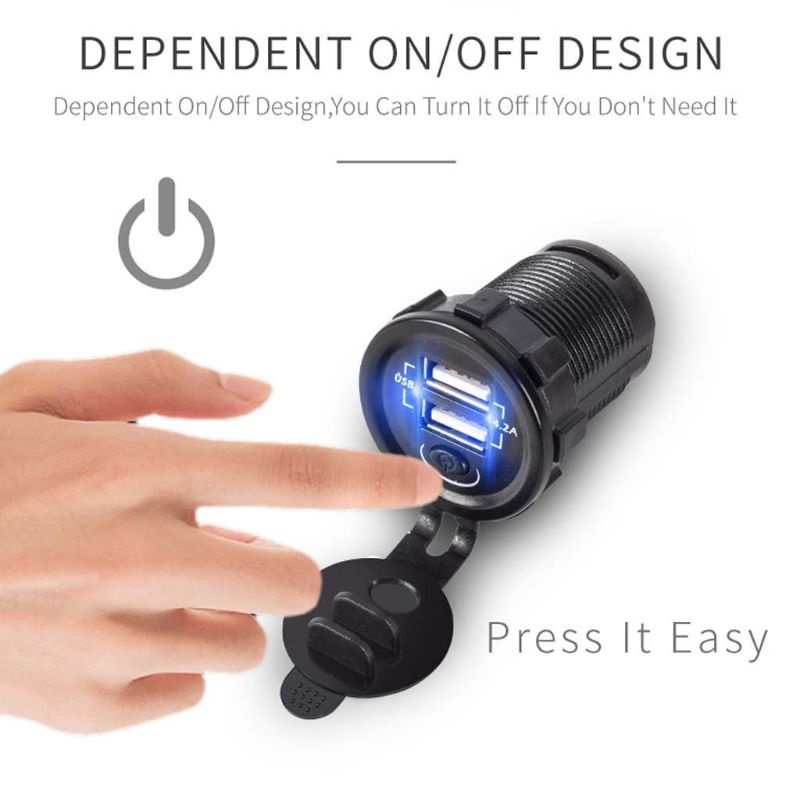 Bộ sạc điện thoại 12V 24V USB kép 5V 2.1A có công tắc bật/tắt cho xe hơi/xe máy/xe tải/tàu thuyền