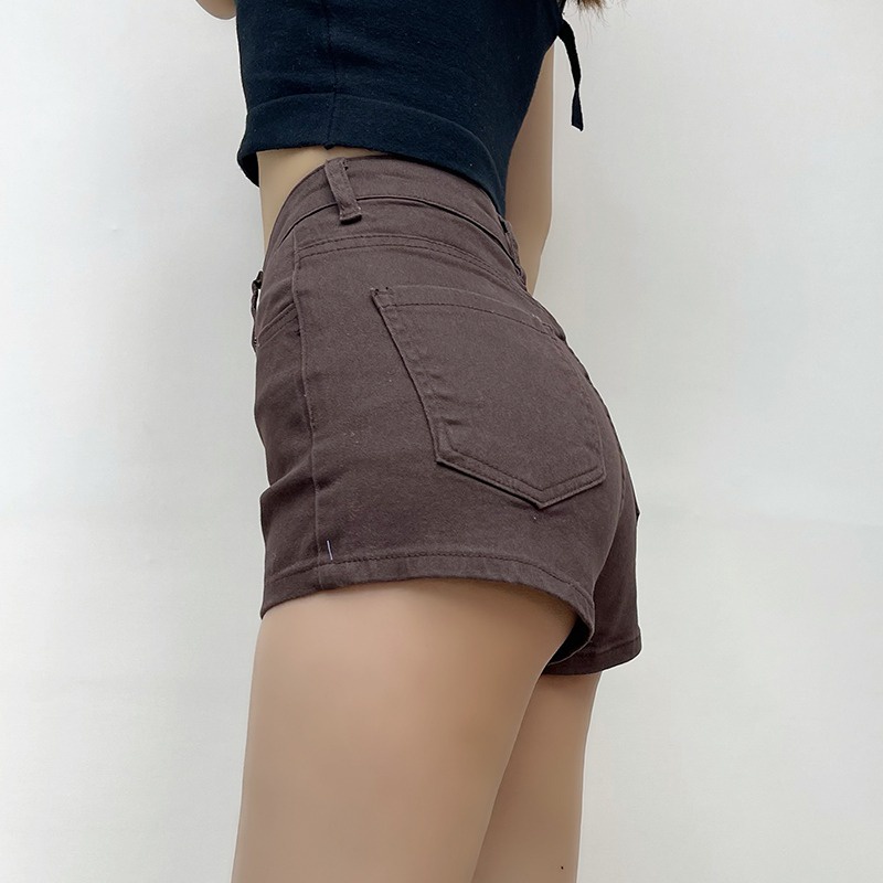 Quần đùi denim IELGY lưng cao co giãn phong cách retro Hàn Quốc