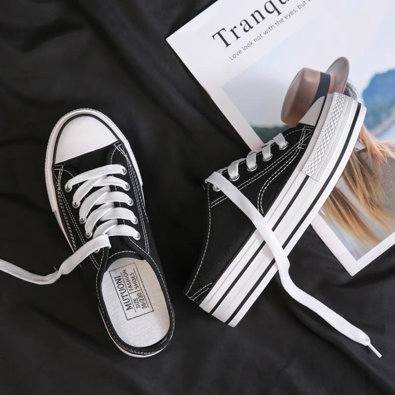 Sẵn đen 35 - Giày thể thao dẫm gót đế độn 5,5cm