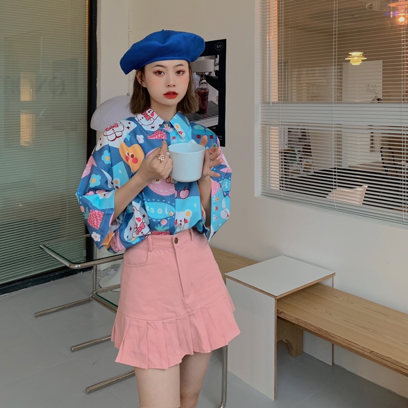Áo Sơ Mi Tay Ngắn Dáng Rộng In Họa Tiết Dễ Thương Thời Trang Mùa Hè Cho Nữ