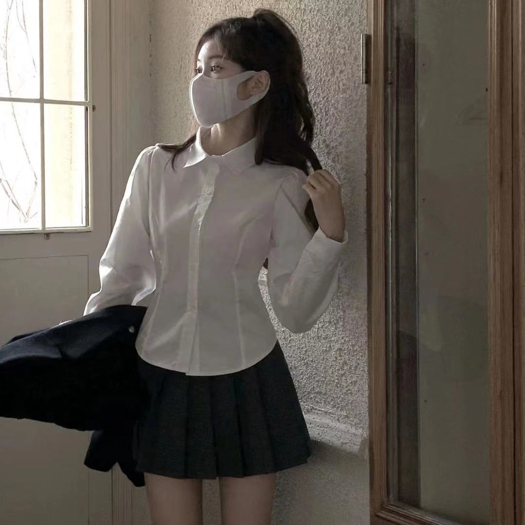 Sweet and spicy college style long-sleeved white shirt Women's Spring and Autumn waist slimming uniform shirt design sense chic top Japanese style top wAD0