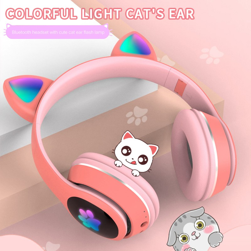Wireless Bluetooth 5.0 Cute Cat Ear Shape Luminous Headphone Sport Headset Tai Nghe Chụp Tai Bluetooth Không Dây Trang Trí Hình Tai Mèo Có Đèn LED Điều Chỉnh Được Âm Lượng BEST