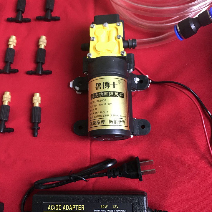 Bộ máy bơm phun sương làm mát,tưới lan 15 béc phun sương - kèm nguồn 12v5a - điều tốc máy bơm