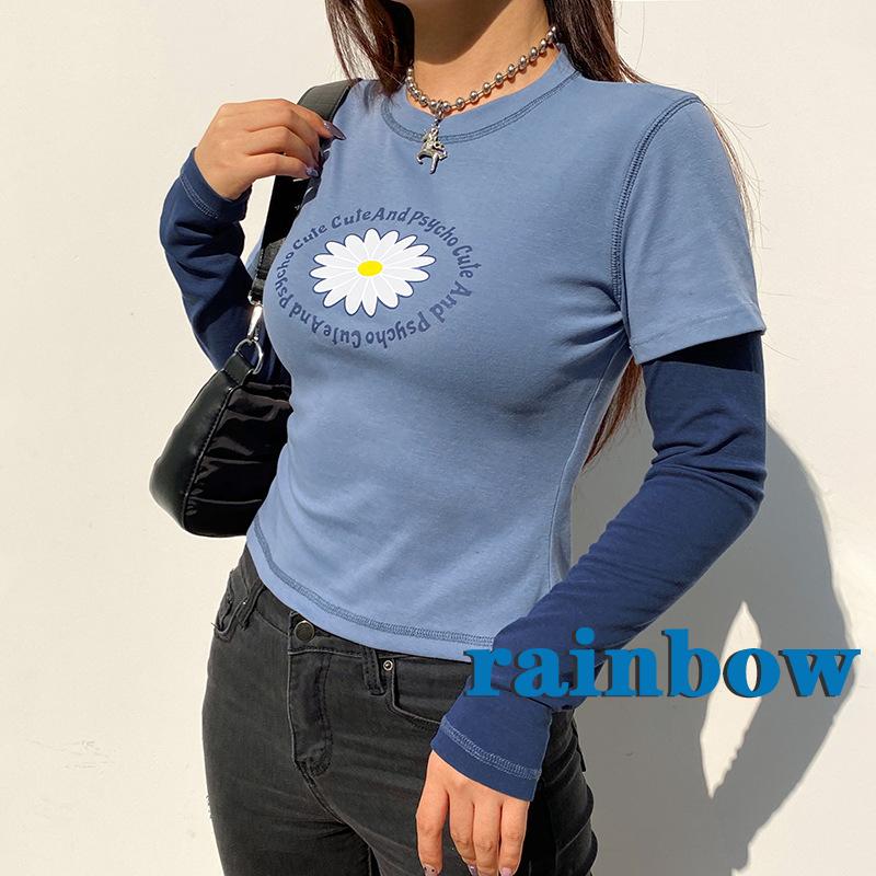 RAINBOW-Women Casual Long Sleeve T-shirt, Blue Round Collar Letters and Floral Printed Pattern Tops