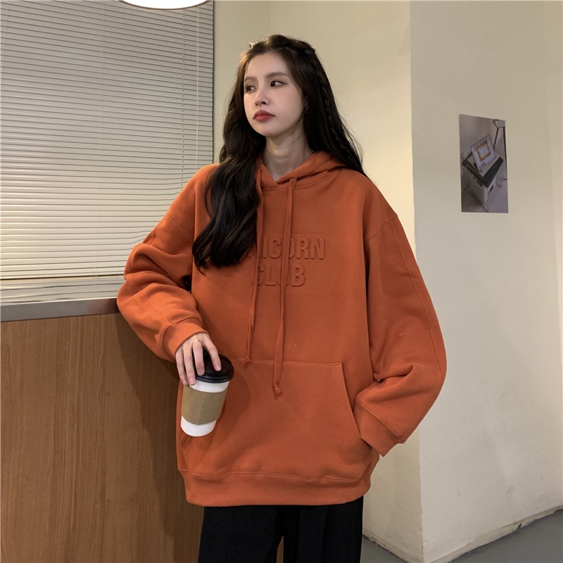 Áo hoodie dáng rộng tay dài vải nhung in chữ thời trang Hàn Quốc  | BigBuy360 - bigbuy360.vn