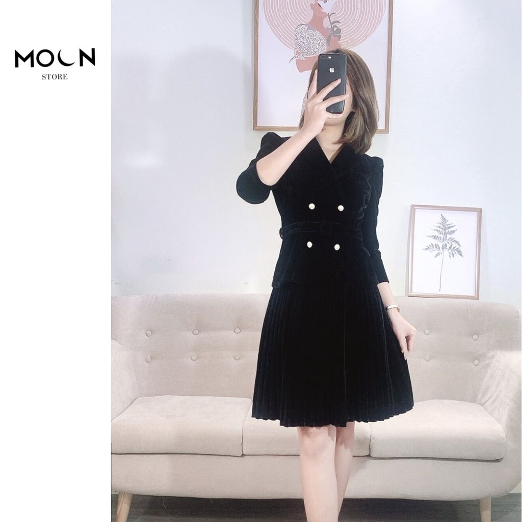 Áo khoác nhung nữ cổ vest phối đai eo thu đông BVE26 MOON STORE | BigBuy360 - bigbuy360.vn