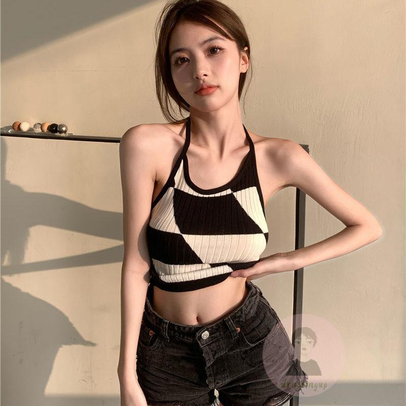 Áo Tank Top Dệt Kim Sát Nách Cổ Yếm In Họa Tiết Hình Thoi Màu Đen / Hồng Nhạt / Hồng Nhạt Cho Nữ