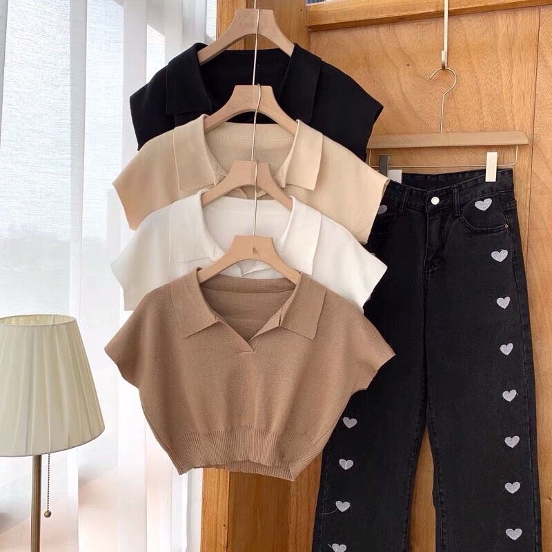 Áo Len nữ cộc tay cổ bẻ bo chun dáng CROPTOP