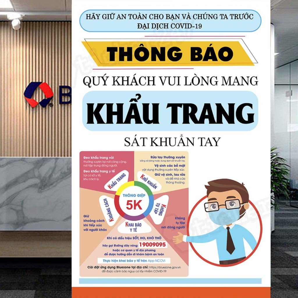 Poster/Sticker tấm decal dán biển báo thông điệp 5K phòng chống covid dán cửa, tường công ty, cửa hàng...