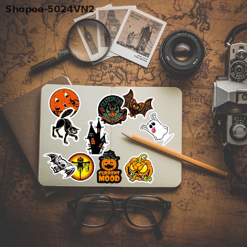 Bộ 50 Hình Dán Trang Trí Chai Nước Chủ Đề Halloween