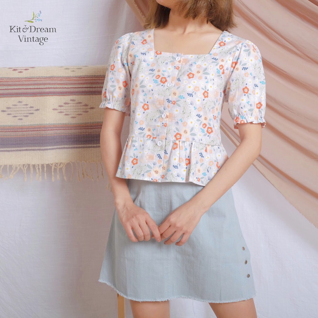 Áo hoa cổ vuông thời trang nữ dáng peplum thanh lịch