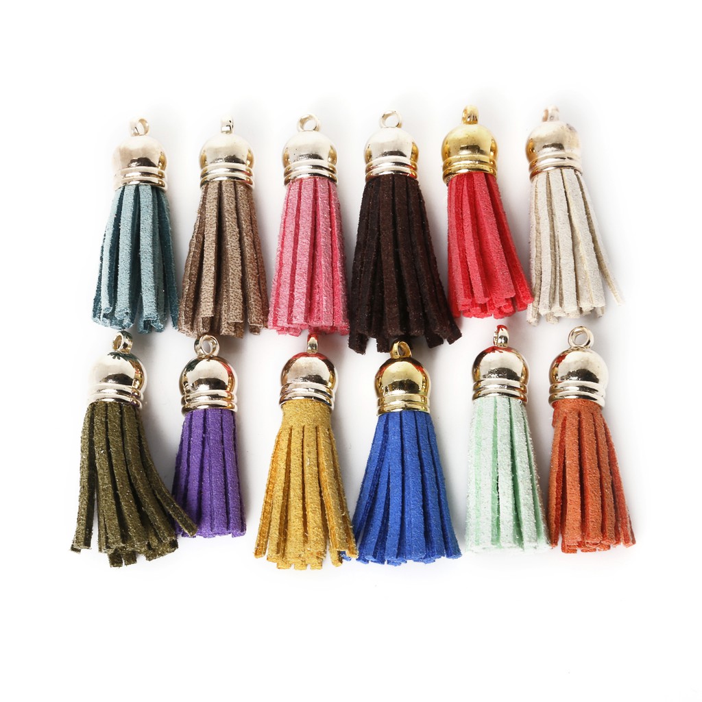Phụ kiện dây tua rua BEADIA bằng da lộn phối polyester 35mm đầu nối bạc dùng trang trí điện thoại di động/ thắt lưng