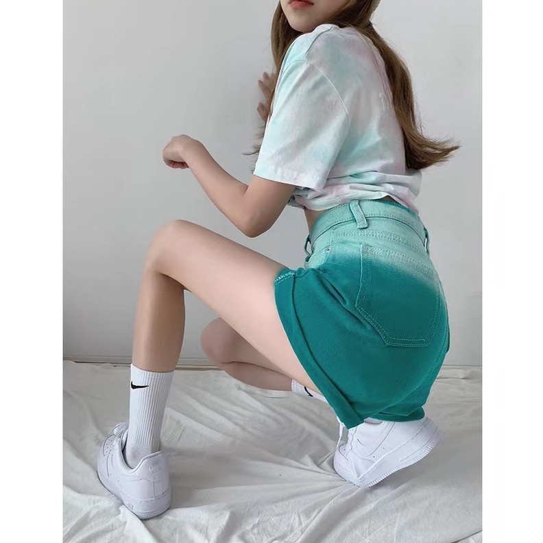 Porozi  Quần đùi jean  lưng cao ống rộng màu sắc gradient phong cách Hàn Quốc cá tính thời trang dành cho nữ