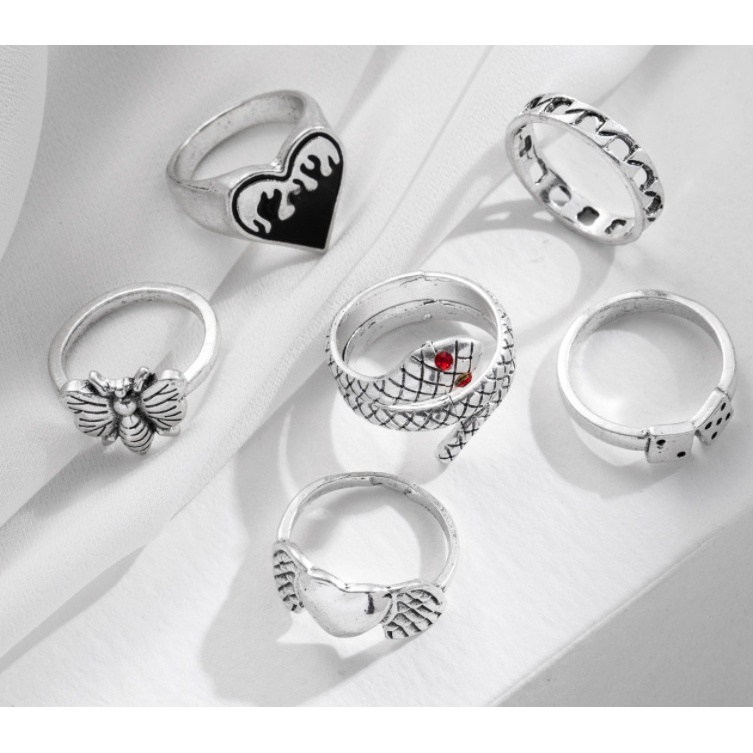Set 6 nhẫn màu bạc kiểu dáng đa dạng phong cách gothic vintage hip hop cho nam và nữ