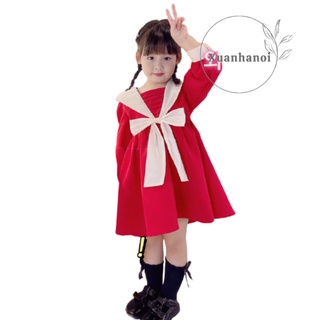 Váy bé gái nhung tăm đỏ cổ nơ trắng to vạt bè XHN755
