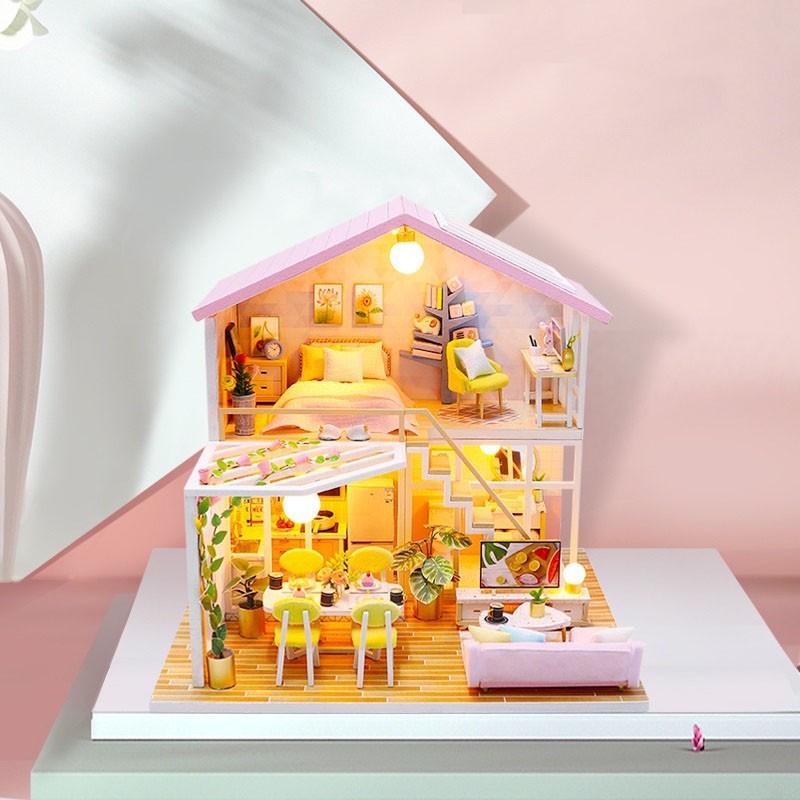 Mô hình nhà DIY Doll House Sweet Time Kèm Mica Chống bụi, Bộ dụng cụ và Keo dán