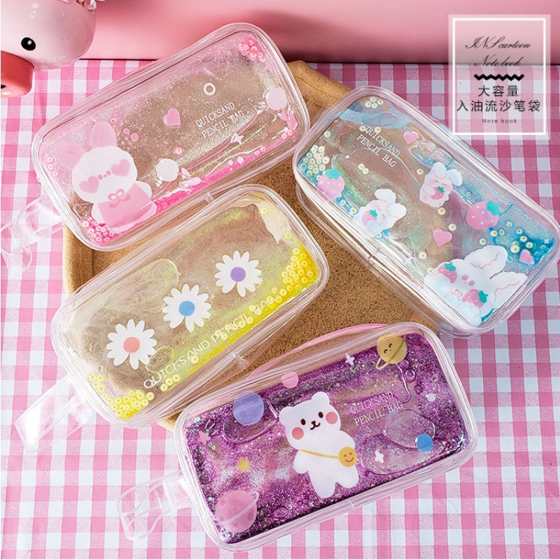 [Hàng mới về] Túi đựng mỹ phẩm sức chứa lớn chất liệu pvc trong suốt phối kim tuyến nước lấp lánh thiết kế dễ thương