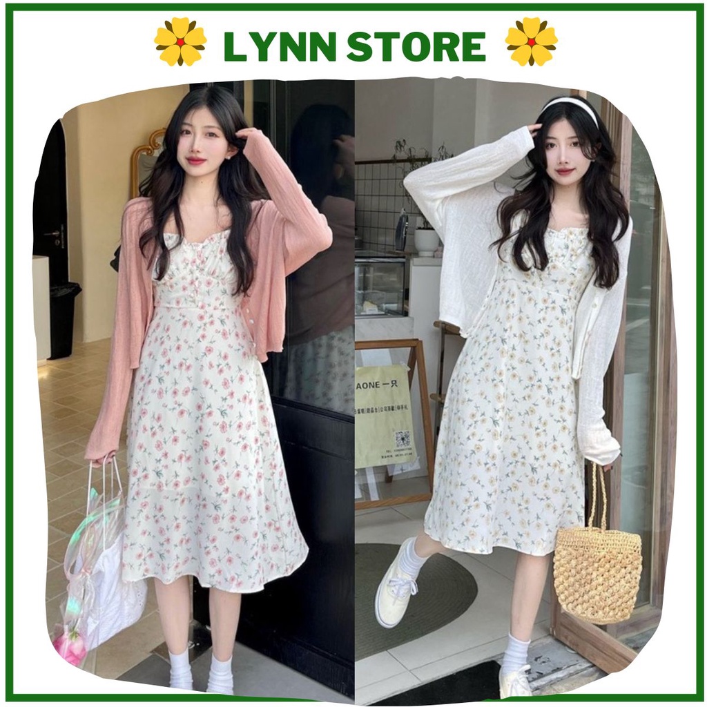 Set váy nữ 2 dây hoa nhí kèm áo khoác len siêu xinh set váy suông dáng dài 2 lớp lót che mọi khuyết điểm SV1551