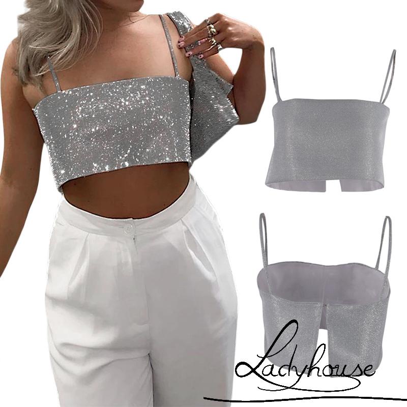 Áo Croptop Hai Dây Đính Kim Tuyến Lấp Lánh Thời Trang Mùa Hè Cho Nữ