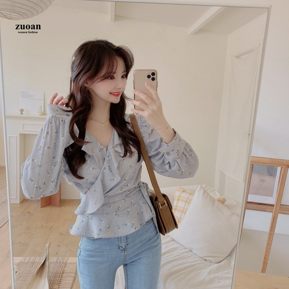 SUXI Áo kiểu dài tay chất liệu chiffon họa tiết dễ thương cho nữ