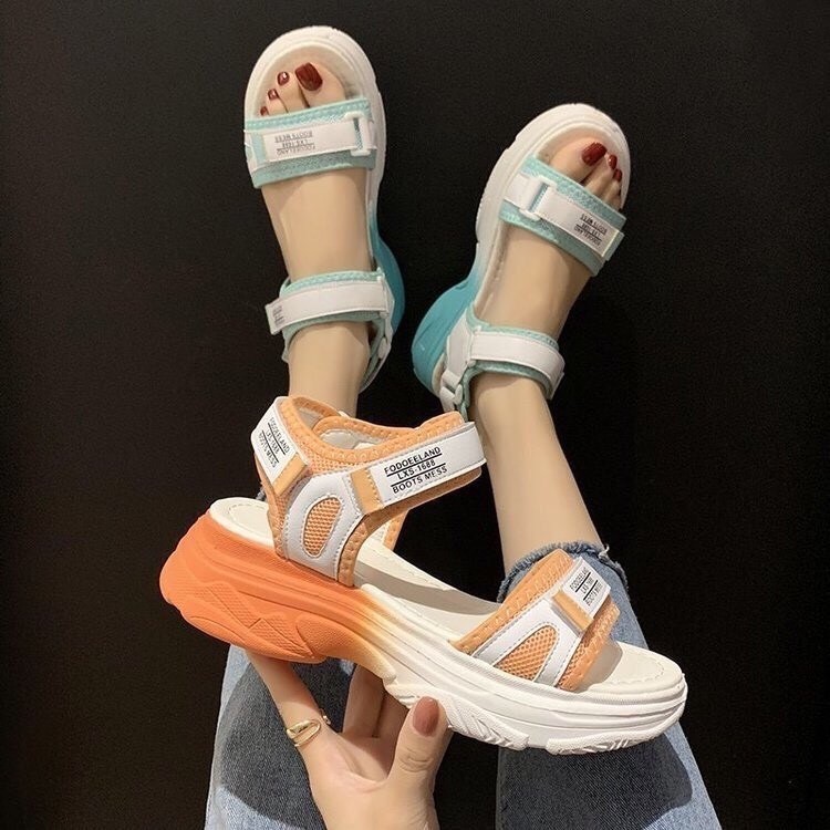 [LOẠI 1-ĐẾ TPR-SẴN] Sandal  2 quai ngang Ulzzang nâng độn đế cao 4cm trend màu Cam /xanh cá tính mới đẹp