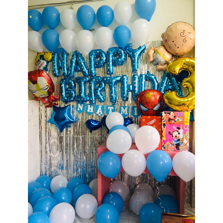 Combo Set Trang Trí Sinh Nhật 2 Rèm Kim Tuyến, Bóng Chữ Happy Birthday và 50 bong bóng tròn cho bé trai, bé gái CB01