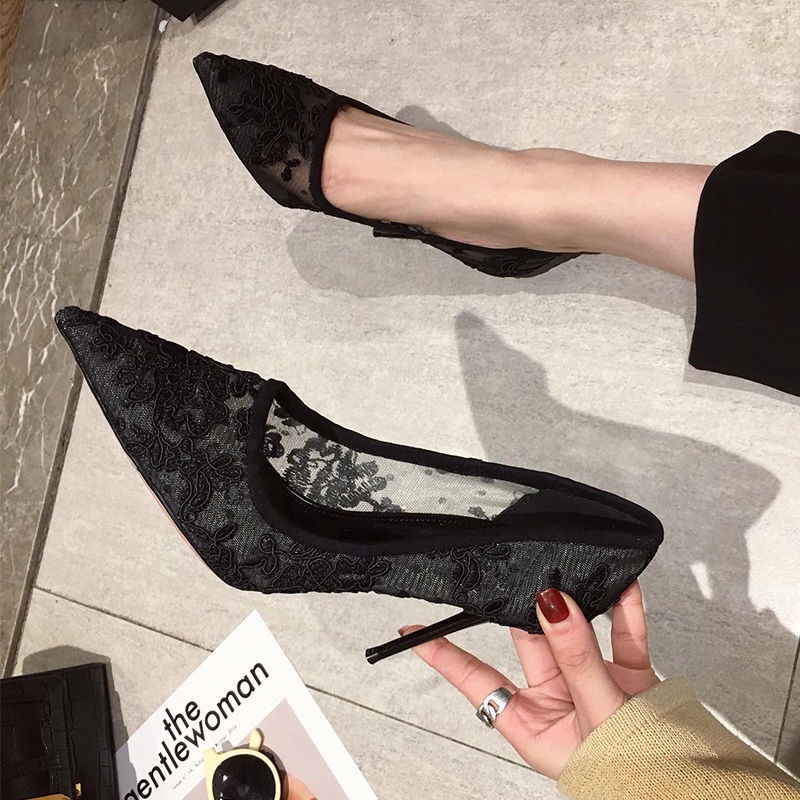 6.5P Giày Cao Gót Mũi Nhọn Phối Ren Lưới Thoáng Khí Thời Trang Mùa Hè Mới Cho Nữ