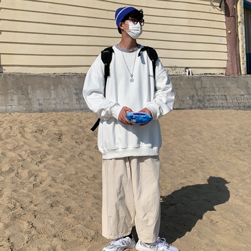 Áo sweater chui đầu tay dài cổ tròn dáng rộng in chữ màu trơn phong cách Hàn Quốc cỡ M-5XL cho nam