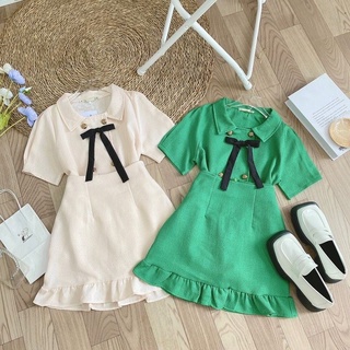 Set áo dạ line cổ nơ chân váy A