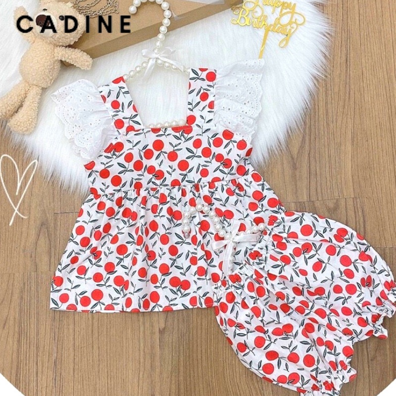 Set đồ bộ bé gái bộ mặc nhà cho bé áo hay dây quần sooc in hình cherry đáng yêu 8-16kg Cadine kids