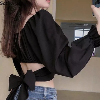 Áo hở lưng nơ tay phồng mùa hè áo Croptop cổ vuông xếp li thời trang