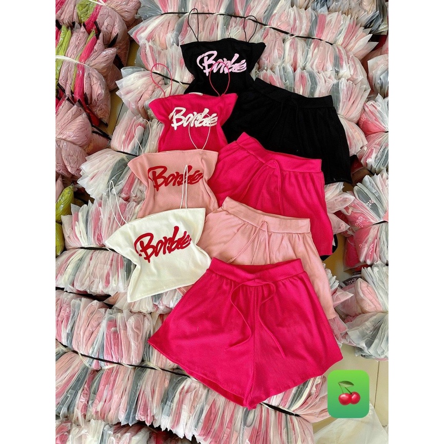 Sét bộ áo 2 dây croptop in chữ babie phối quần đùi cực hot , chất thun gân mềm mịn ly