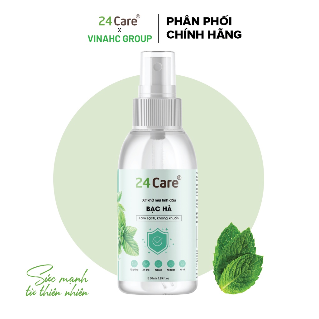 Xịt Phòng Tinh Dầu Bạc Hà Hữu Cơ Organic 24Care 50ML - Kháng khuẩn - Khử mùi hôi - Đuổi muỗi - côn trùng - Tập trung