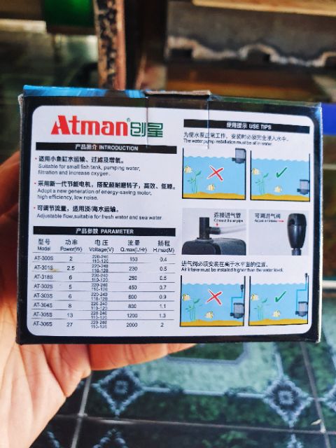 MÁY BƠM NƯỚC BỂ CÁ ATMAN 2.5W 0.5M 200L-H AT 301S