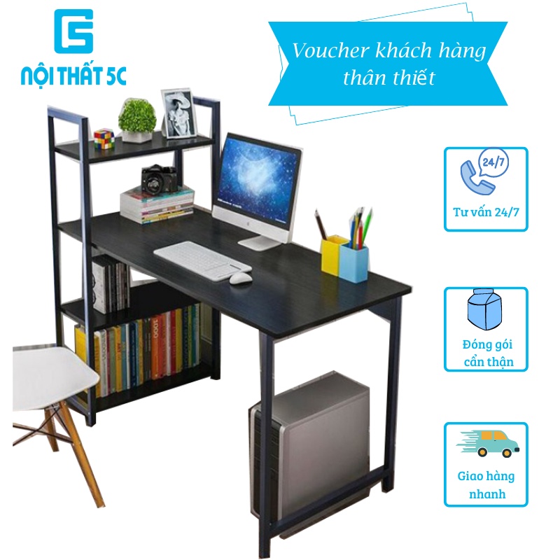 Bàn làm việc liền giá sách chân thép sơn tĩnh điện mặt gỗ MDF phủ Melamine
