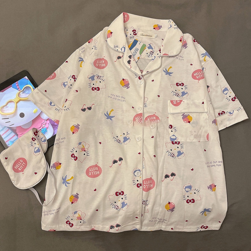 Bộ Đồ Ngủ Tay Ngắn In Họa Tiết Hello Kitty Thời Trang Mùa Hè Cho Nữ