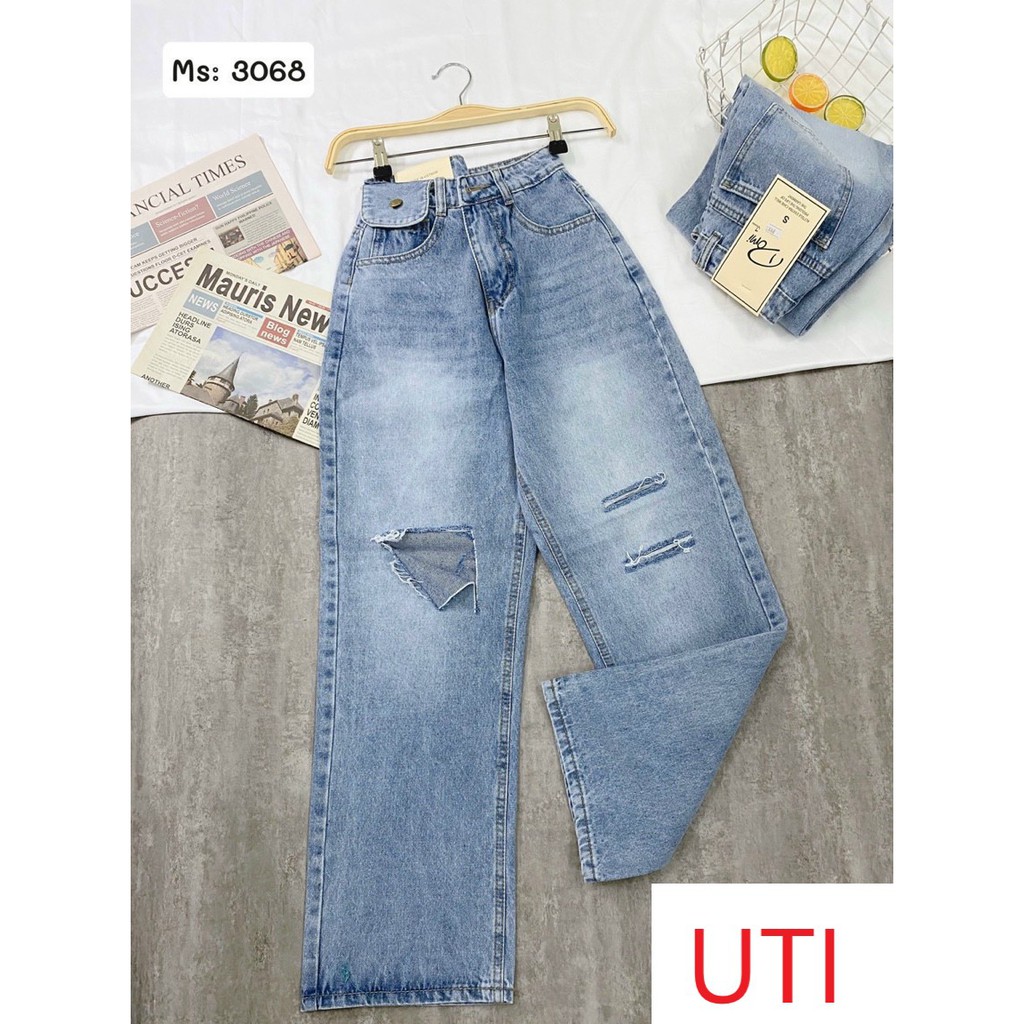 [ FREESHIP CỰC HOT ] QUẦN JEAN ỐNG RỘNG NỮ LƯNG CAO MÀU XANH RÂU MÈO TÚI NẮP RÁCH VẠT GỐI PHẢI, 2 SỌC GỐI TRÁI SIÊU HOT